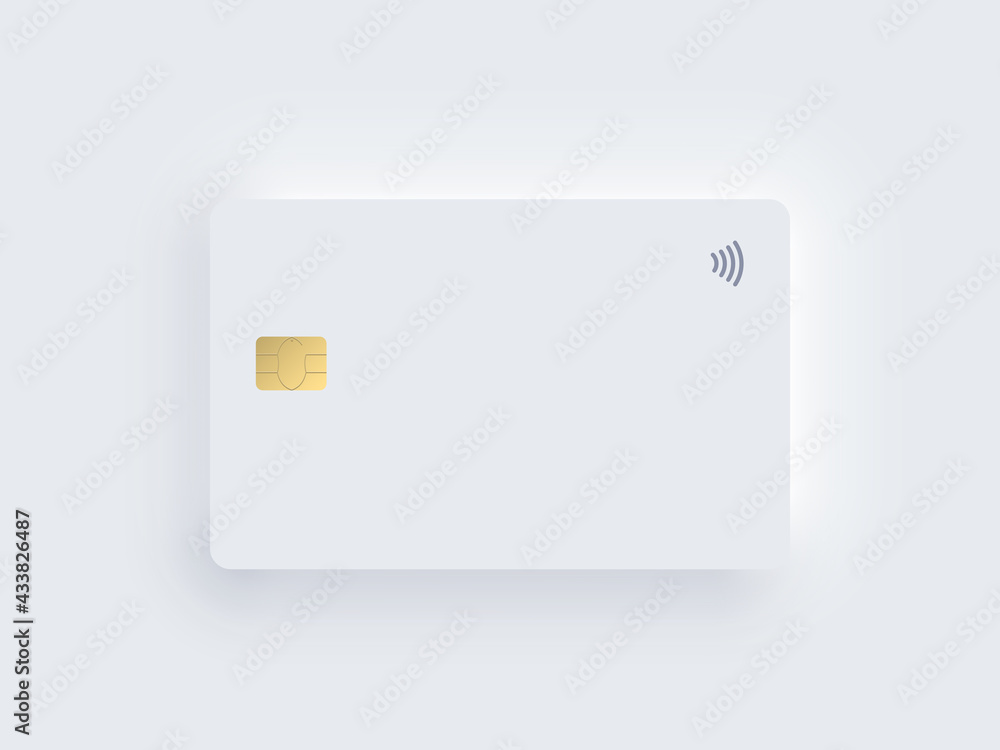 Neumorphism plastic bank credit card template with gold chip and shadow. Vector  realistic object isolated on white background. Digital technology mockup.  Contactless, wireless online payment concept. Stock Vector