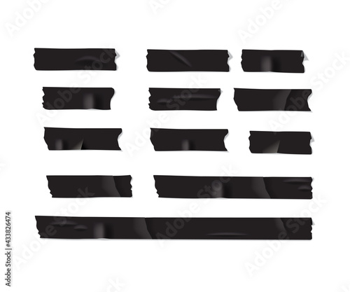 Pieces of black electrical tape isolated on white background. Vector realistic duct or masking tapes parts collection