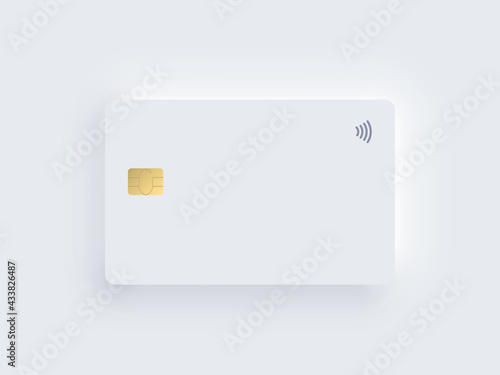 Neumorphism plastic bank credit card template with gold chip and shadow. Vector realistic object isolated on white background. Digital technology mockup. Contactless, wireless online payment concept.