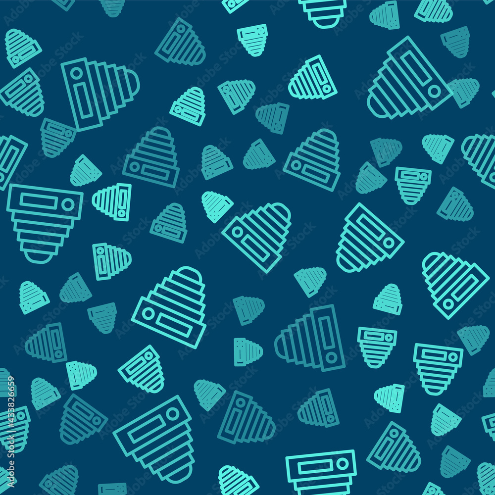 Green line Photo camera icon isolated seamless pattern on blue background. Foto camera. Digital photography. Vector Green line Photo camera icon isolated seamless pattern on blue background. Foto camera. Digital photography. Vector