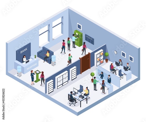 Isometric bank office. Reception, waiting area, atm. Finance consultants with clients. Bank interior with clients and employees 3d vector concept. Assistants helping visitors, managers giving credits