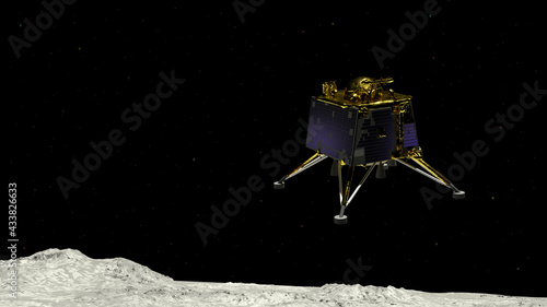 Artist depiction of the the Chandrayaan lunar mission from India. The Vikram lander descending onto the Lunar surface (3d illustration). Some elements provided by NASA. photo