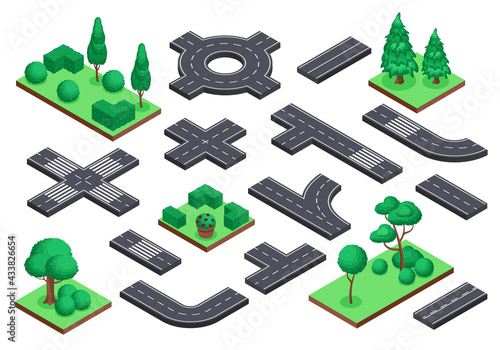 Isometric road and nature elements. Asphalt street, ring road, crossroad. Tree plants, bushes for city map landscape design vector set. Town construction for transportation, nature squares