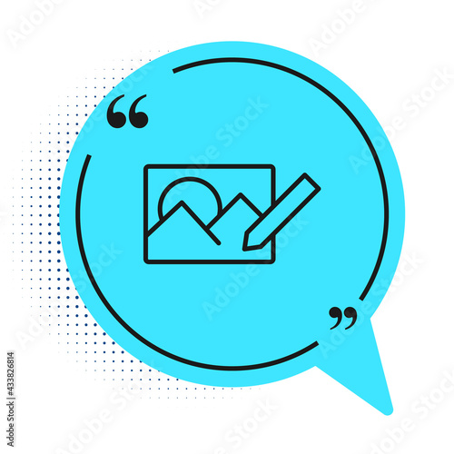 Black line Photo retouching icon isolated on white background. Photographer, photography, retouch icon. Blue speech bubble symbol. Vector