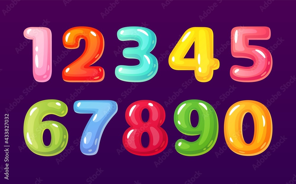 Cartoon numbers. Cute comic bubble alphabet mathematical symbols for children. Colorful candy, jelly math figures. Funny kid school number vector. Balloon numerical signs, counting learning Cartoon numbers. Cute comic bubble alphabet mathematical symbols for children. Colorful candy, jelly math figures. Funny kid school number vector. Balloon numerical signs, counting learning
