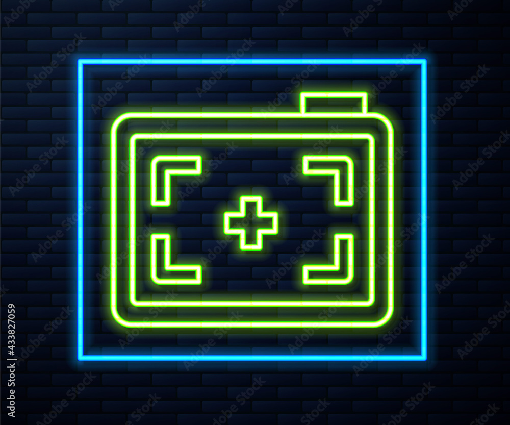 Glowing neon line Photo camera icon isolated on brick wall background. Foto camera. Digital photography. Vector Glowing neon line Photo camera icon isolated on brick wall background. Foto camera. Digital photography. Vector