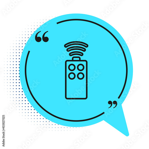 Black line Remote control for the camera icon isolated on white background. An auxiliary device that allows you to work with a camera from a distance. Blue speech bubble symbol. Vector