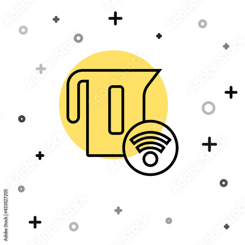 Black line Smart electric kettle system icon isolated on white background. Teapot icon. Internet of things concept with wireless connection. Random dynamic shapes. Vector