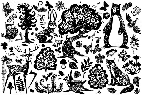 Scandinavian forest elements. Nordic scandi style deer, hare and bear, owl and fox, bird and oak tree, mushroom and leaves, fern vector set. Plants and animals with ornament, flora and fauna