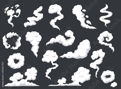 Cartoon smoke. Comic steam cloud, mist, smog. Gas fumes blast, explosion dust. Fog and clouds burst, vapors or fumes explode effect vector set. Fume flow motion, curves and rings collection