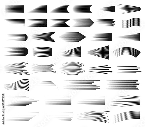 Speed lines. Abstract cartoon comic fast Motion effect. Straight and curved speed line elements for comics book, manga background vector set. Superhero flash action stripes of different shapes