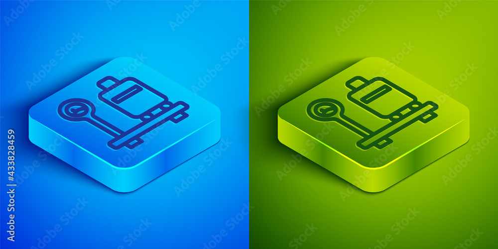 Isometric line Scale with suitcase icon isolated on blue and green background. Logistic and delivery. Weight of delivery package on a scale. Square button. Vector Isometric line Scale with suitcase icon isolated on blue and green background. Logistic and delivery. Weight of delivery package on a scale. Square button. Vector