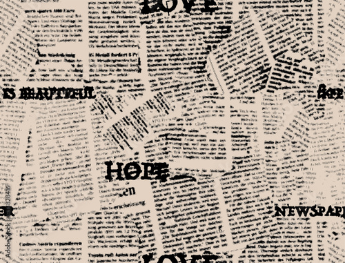 Seamless background pattern. Imitation of halftone newspaper with worlds Hope, love, life is beautiful Vector image.