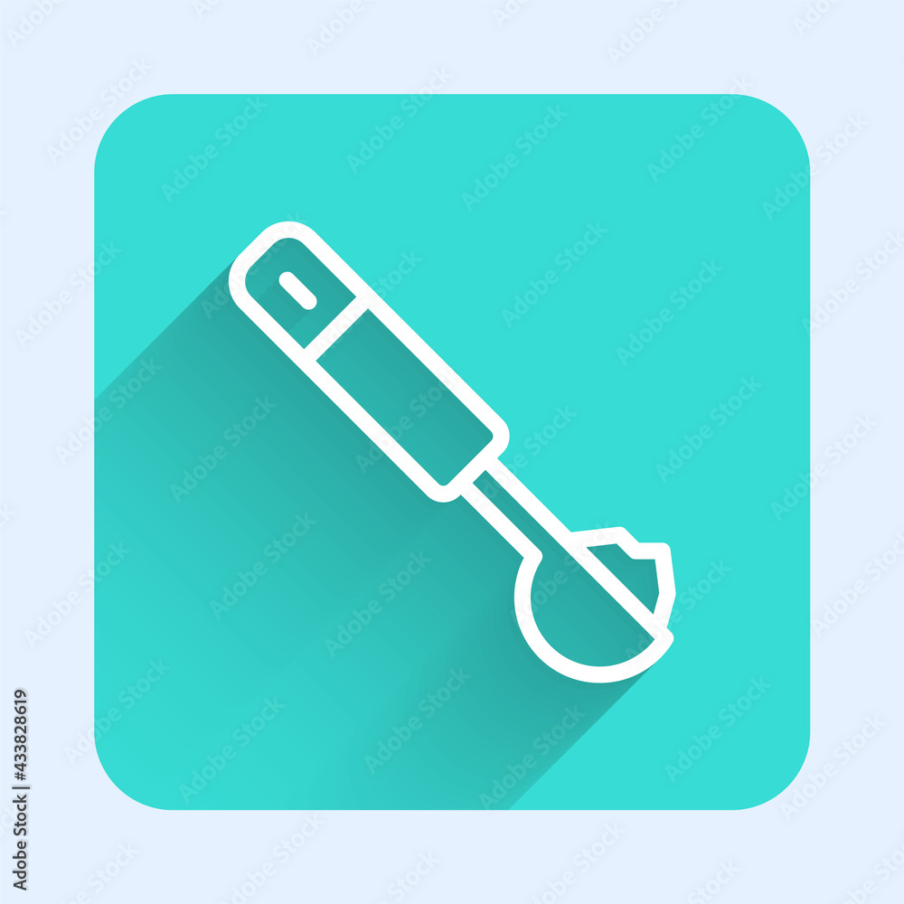 White line Measuring spoon icon isolated with long shadow. Green square button. Vector White line Measuring spoon icon isolated with long shadow. Green square button. Vector
