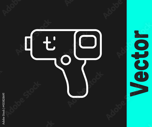 White line Digital contactless thermometer with infrared light icon isolated on black background. Vector