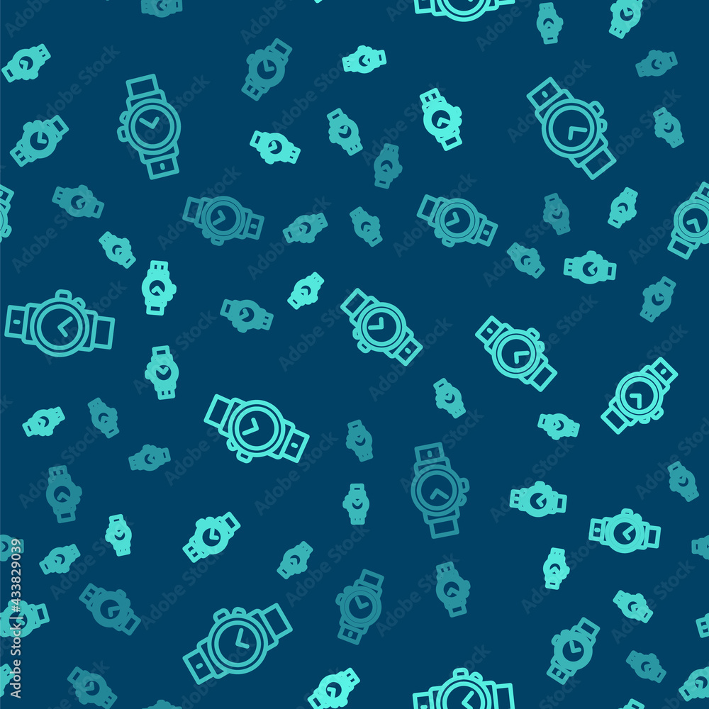 Green line Wrist watch icon isolated seamless pattern on blue background. Wristwatch icon. Vector Green line Wrist watch icon isolated seamless pattern on blue background. Wristwatch icon. Vector