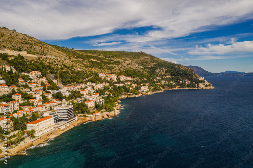 Adriatic landscape panorama on Dubrovnik archipelago, Croatia. Aerial drone shot, september 2020