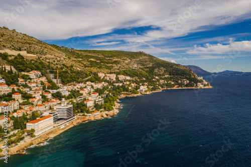 Adriatic landscape panorama on Dubrovnik archipelago  Croatia. Aerial drone shot  september 2020