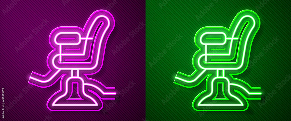 Glowing neon line Barbershop chair icon isolated on purple and green background. Barber armchair sign. Vector Glowing neon line Barbershop chair icon isolated on purple and green background. Barber armchair sign. Vector
