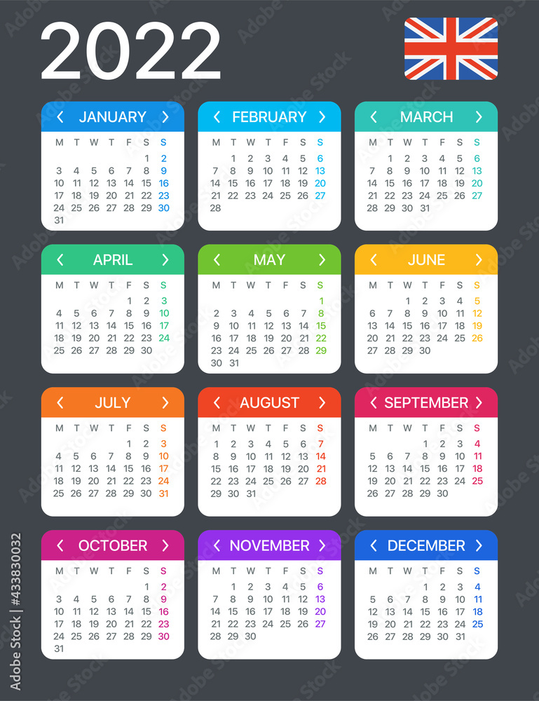 2022 Calendar - vector template graphic illustration - United Kingdom version 2022 Calendar - vector template graphic illustration - United Kingdom version