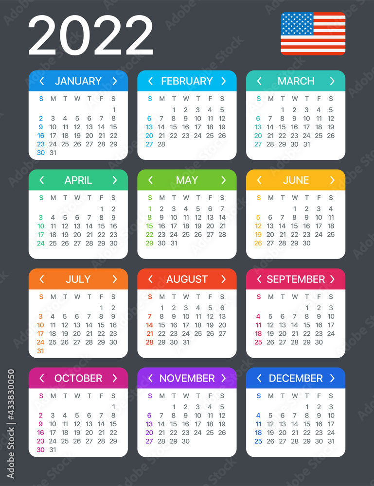 2022 Calendar - vector template graphic illustration - United States version 2022 Calendar - vector template graphic illustration - United States version