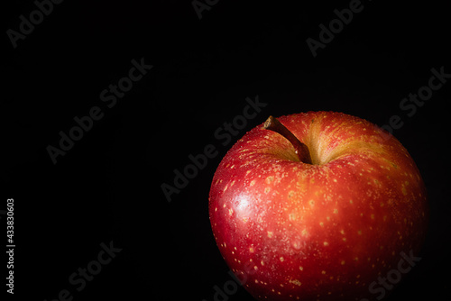 Fresh ripe red apple with water drops on glossy peel on black background