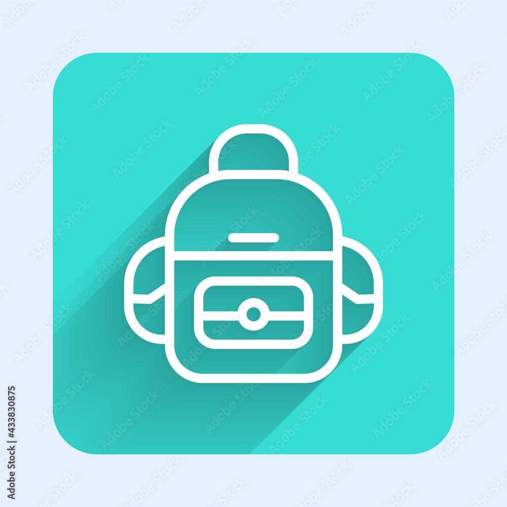 White line School backpack icon isolated with long shadow. Green square button. Vector White line School backpack icon isolated with long shadow. Green square button. Vector