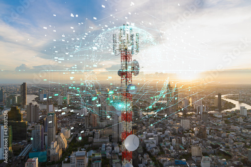 Telecommunication tower with 5G cellular network antenna on city background, Global connection and internet network concept
