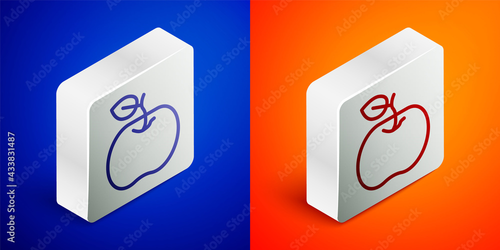 Isometric line Apple icon isolated on blue and orange background. Excess weight. Healthy diet menu. Fitness diet apple. Silver square button. Vector Isometric line Apple icon isolated on blue and orange background. Excess weight. Healthy diet menu. Fitness diet apple. Silver square button. Vector