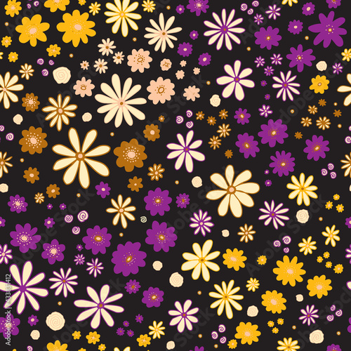 Flower field on dark seamless vector pattern. Repeating dense liberty doodle flower meadow background. Scandinavian style line art florals. For fabric, wallpaper, texture