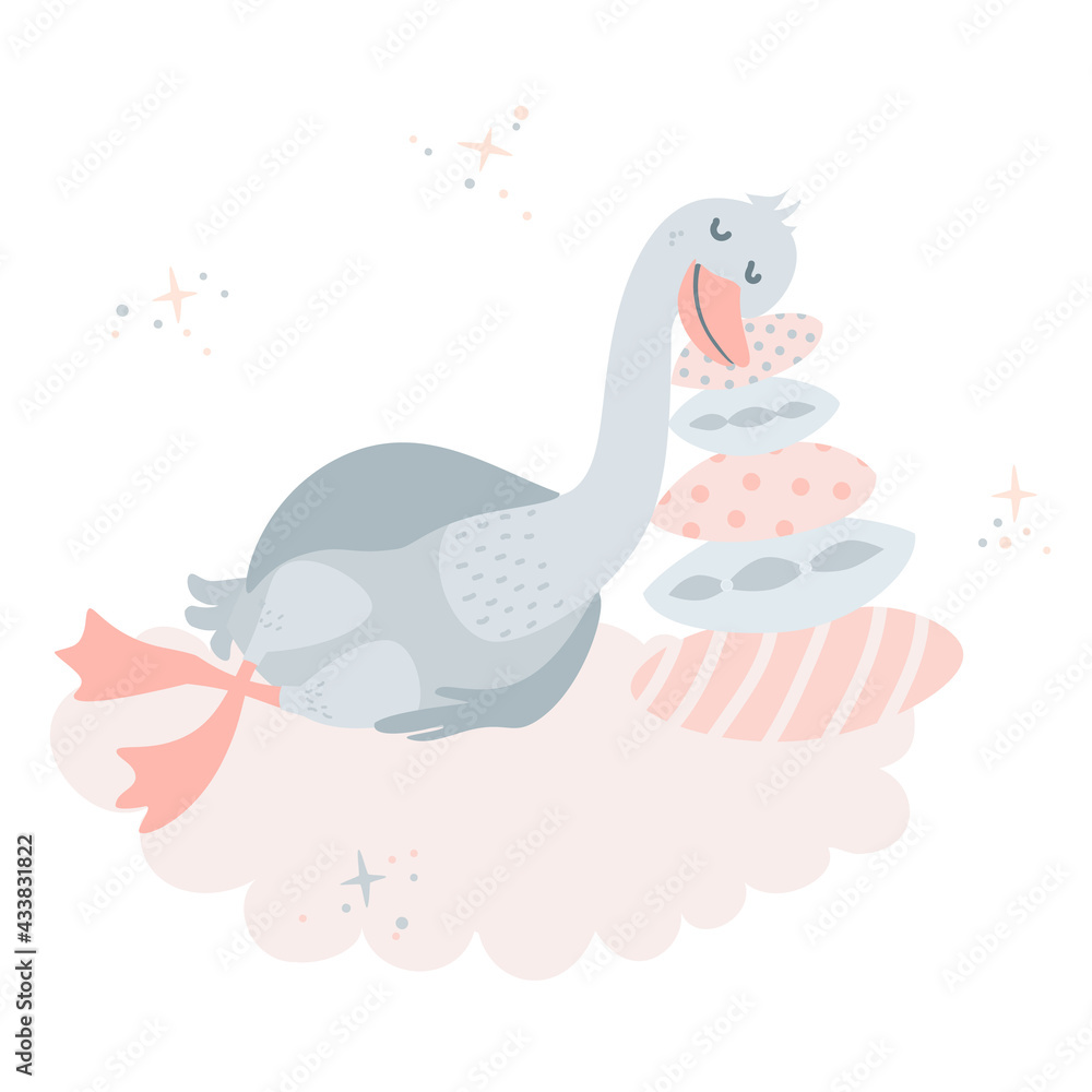 Cute sleeping goose on cloud. Baby goose dreaming on pillows. Flat vector illustration for kids Cute sleeping goose on cloud. Baby goose dreaming on pillows. Flat vector illustration for kids