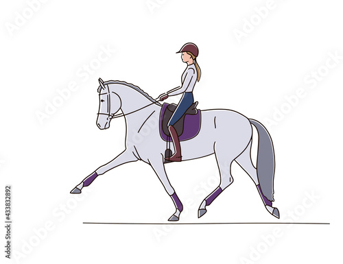 Horse riding dressage vector illustration. Equestrian rider trotting horse