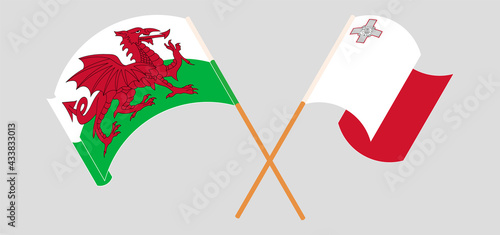 Crossed and waving flags of Wales and Malta
