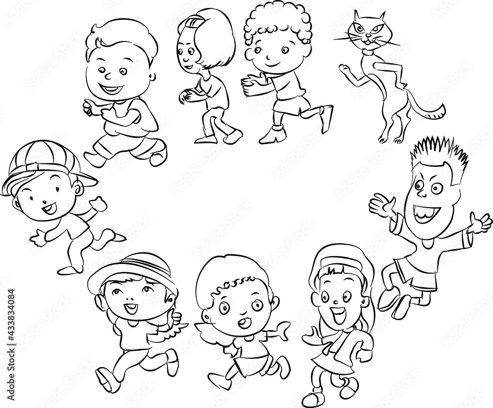 Happy group of peoples in circle. Doodle style line art illustration.