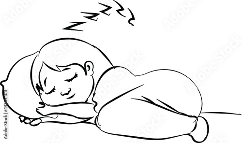 woman sleeping on pillow peacefully  - line art drawing, doodle style illustration