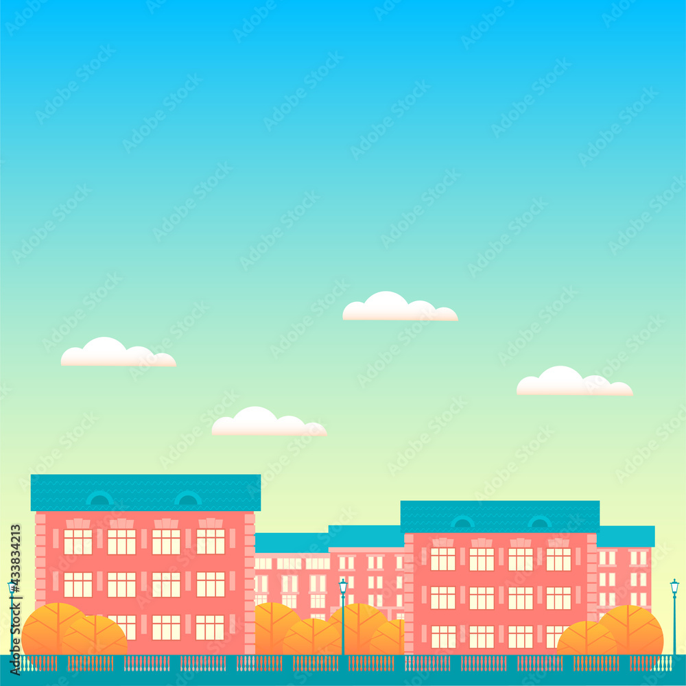 Autumn city with skyscrapers. Against the background of a blue sky with clouds. Flat color vector illustration in the form of a square. Autumn city with skyscrapers. Against the background of a blue sky with clouds. Flat color vector illustration in the form of a square.