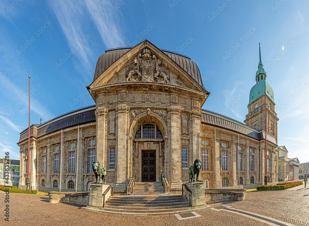 Panoramic image of the facade of the Hessian State Museum in the university city of Darmstadt