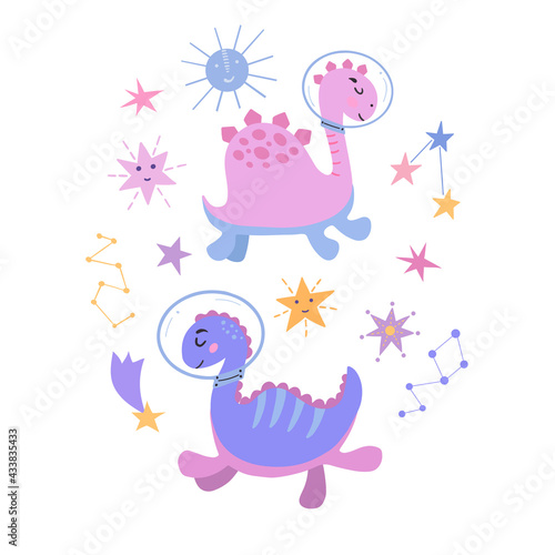 Image of cute cartoon dinosaurs in cosmos  vector graphics  on a white background. For the design of postcards  posters  prints for t-shirts  mugs  notebook covers  posters  postcards  banners