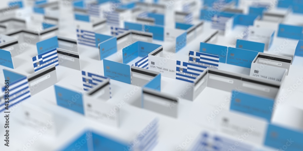 Fictional credit card maze with flag of Greece. Financial difficulties related 3D rendering Fictional credit card maze with flag of Greece. Financial difficulties related 3D rendering