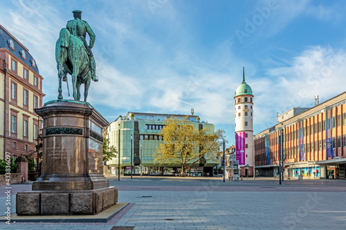 Panoramic view over the Friedensplatz to the white tower in the city center of the Hessian university town Darmstadt in Germany