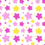 Vector seamless pattern. Pink and yellow flowers on a white background.	