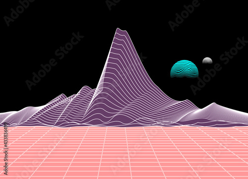 Abstract Martian landscape. Mountains, planets, earth, moon, universe. Vector space background