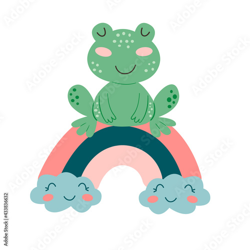 Image with cute cartoon frog on a colorful rainbow. Vector graphics on a white background. For the design of posters, postcards, notebook covers, childrens illustrations, prints for mugs