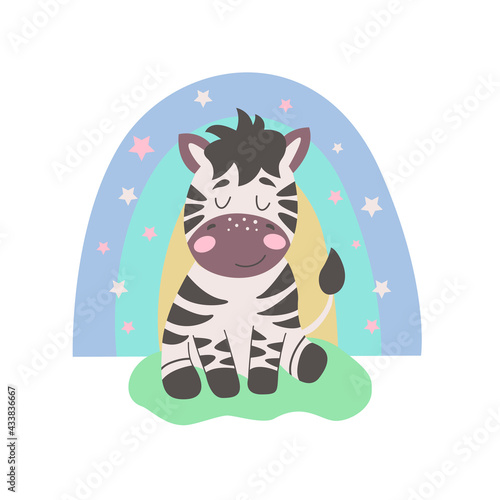 Image with cute cartoon zebra on a colorful rainbow. Vector graphics on a white background. For the design of posters, postcards, notebook covers, childrens illustrations, prints for mugs