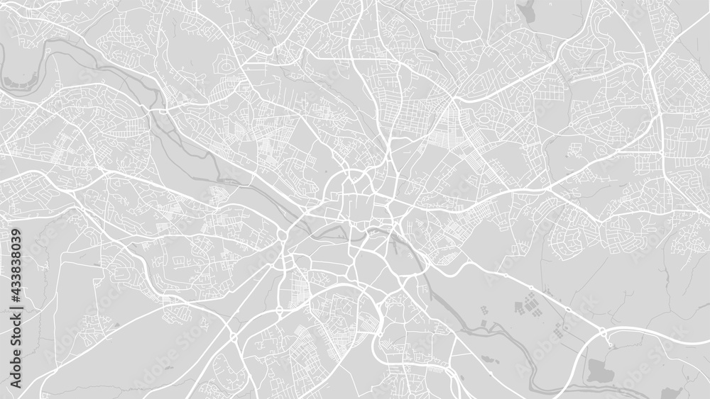 White and light grey Leeds city area vector background map, streets and water cartography illustration.