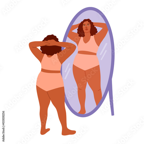Vector illustration with young woman looking at mirror. Body positive concept. Curly black brunette female character in pink lingerie. Plus size model. Feminism concept. Love yourself