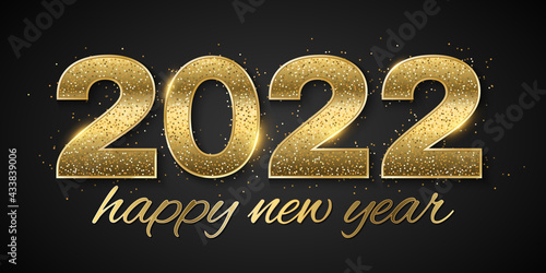 Happy new year 2022. Golden glittering numbers with sequins on a dark background. Christmas cover. Light effect. Festive template. Greeting card design for the holiday.