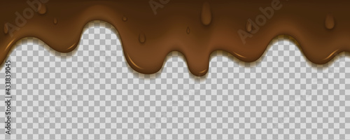 Melted realistic chocolate on a transparent background. Icing for cake. Liquid hot cocoa. Element for the design for for the design of your confectionery products. Vector illustration.
