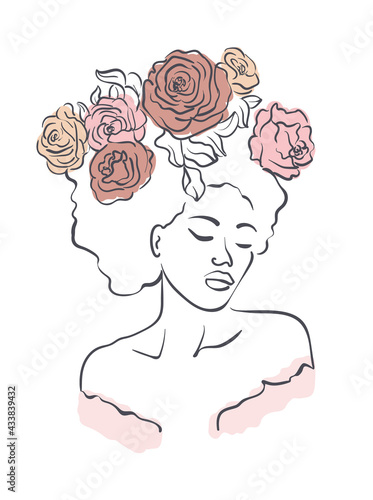 Hand draw outline portrait of african woman. Abstract art of different people and skin tones.Woman with flowers