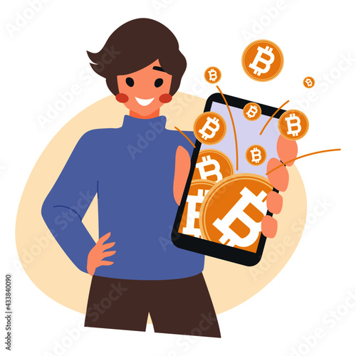 Happy character man invest trading on smart phone with golden bitcoin cryptocurrency, cute, cartoon, flat, vector, illustration,